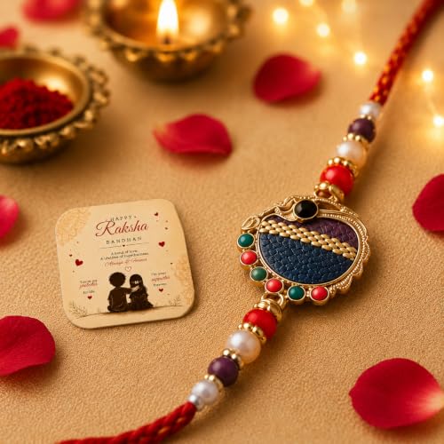Image of PRINT BHARAT Rakhi for Brother with Coaster, Kumkum & Chawal | Traditional Beaded Thread Rakhi with Royal Kalai Thread | Raksha Bandhan Gift Hamper
