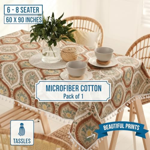 Image of RRC Microfiber Cotton Dining Table Cover 60 x 90 Inch for 6 Seater, Pack of 1 Rectangular Printed Table Cloth with Tassels, Washable Centre Table Cover, Durable & Fade Resistant