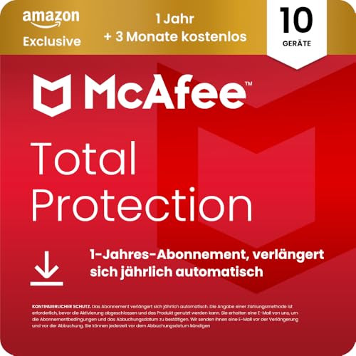 McAfee Total Protection 2026 (10 Geräte), 15 Monate Amazon Exklusiv | Virenschutz, VPN, Betrugsschutz, Sicherheitssoftware, Identitätsüberwachung | Abonnement mit automatischer Verlängerung | Download