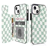 Obbii Compatible with iPhone 14/13 6.1' Wallet Case with Card Holder Folio Flip PU Leather Kickstand Card Slots Case Double Magnetic Clasp and RFID Blocking Cover 6.1 Inch (Green Checkerboard)