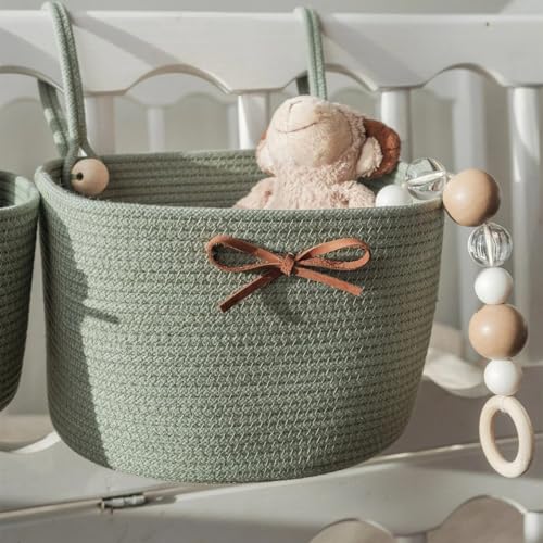 Image of Generic Crib Hanging Storage Organizer, Nursery Decor Storage Organizer,Bedside Cotton Basket for Diapers and Items, Crib hanging basket, Newborn organizer, Knitted Bow Basket. (Sage Green, L)