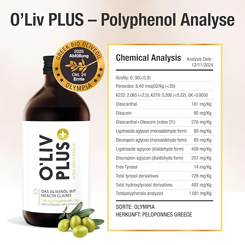 Das Olivenöl mit Gesundheitswert – extra hoher Polyphenol-Gehalt 750 mg/kg – Bio-Qualität – nur 1 Esslöffel/Tag – Oliv PLUS – 500 ml – 50 Portionen