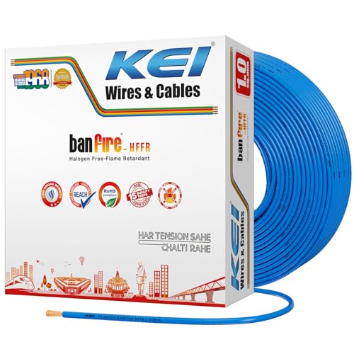 Image of KEI BANFIRE- HFFR 1 sqmm 1 Core 99.97% Pure Copper Conductor Heat Resistant Flame Retardant Low Smoke & Halogen - Lead Less House Wire for Domestic & Industrial Electrical Wiring (Blue,90 Meters)