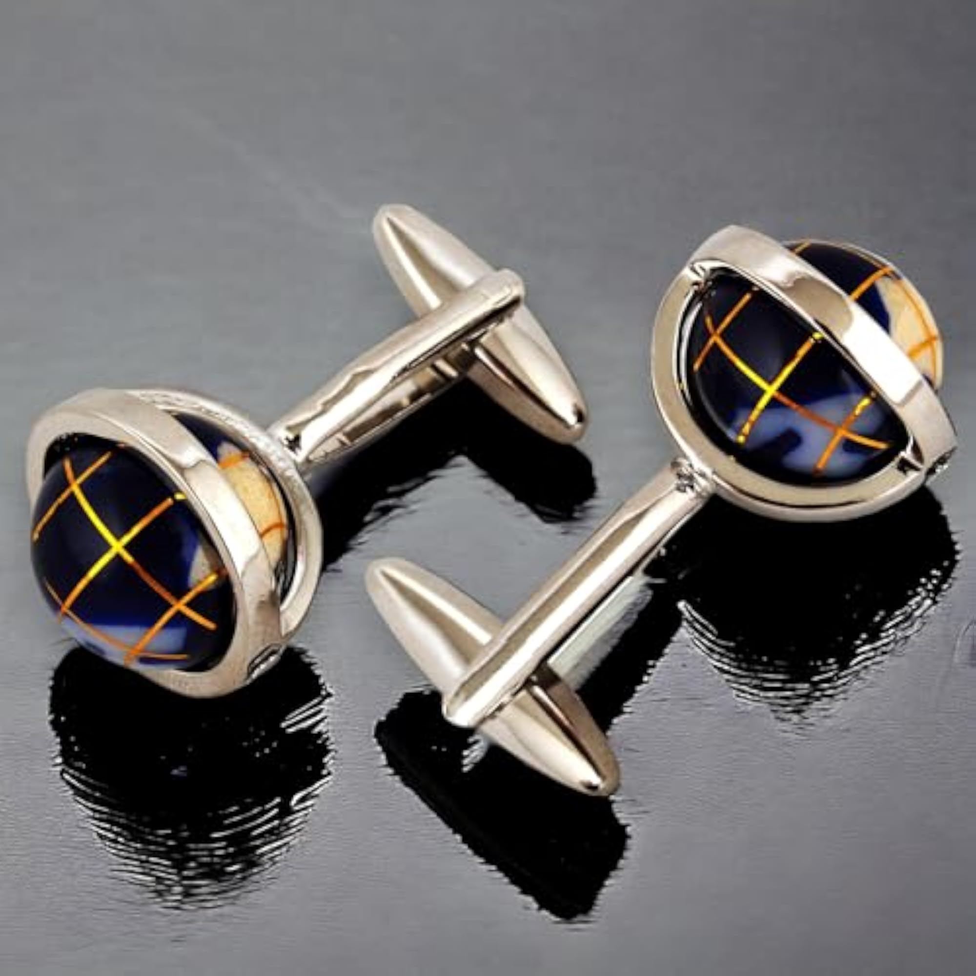 Men's Silver Plated Blue Globe Design Cufflinks