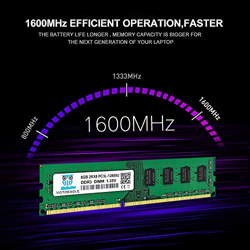 Image of Motoeagle DDR3L-1600 UDIMM 8GB PC3 PC3L 12800U Non ECC Unbuffered 1.35V /1.5V CL11 2Rx8 Dual Rank 240 Pin UDIMM Desktop Memory Ram Module Upgrade