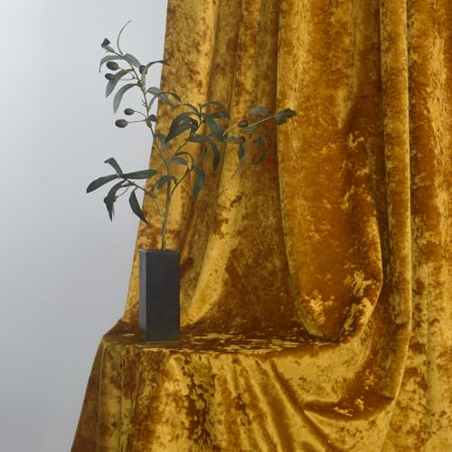 Warm Gold Luxe Crushed Velvet Thermal Insulated Curtains, 2 Panels Set 52 W x 84 L for Living Room, Bedroom, Office