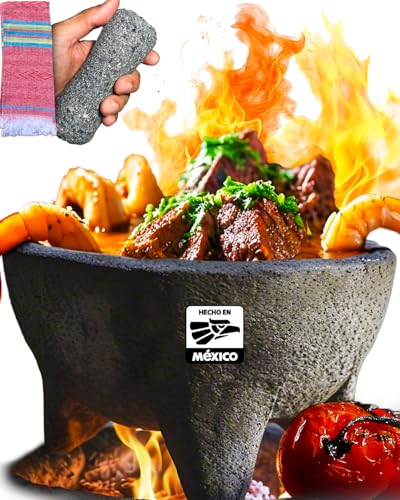 Authentic Molcajete Mexicano Made of Volcanic Rock | 3 Pcs Set (1 Mortar + 1 Pestle + 1 MexTowel) High-Heat Resistant, Mexican Mortar and Pestle Set, Guacamole Bowl and Masher