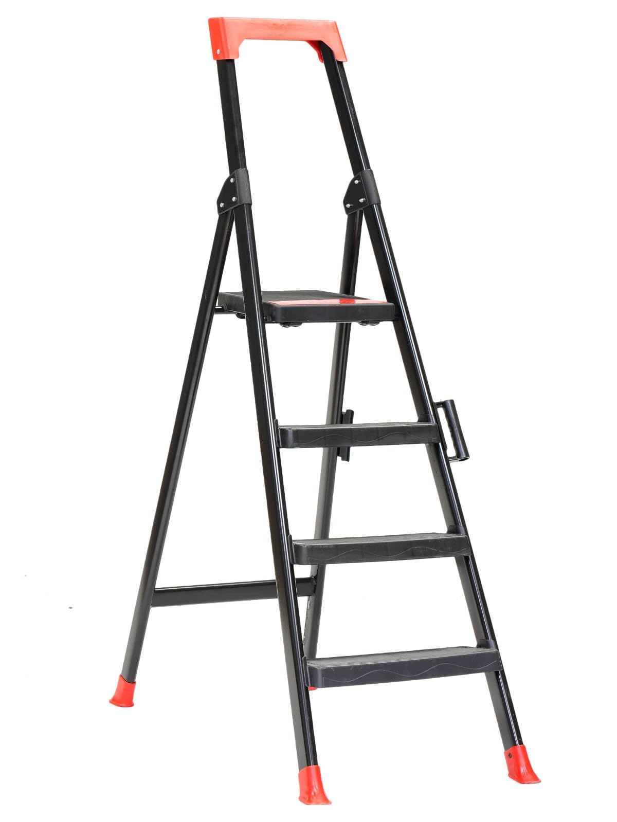 Escalera Plegable 4 peldaños para el Hogar, Escalera de Tijera Negra y Roja Domestica, Antideslizante y Fácil de Transportar