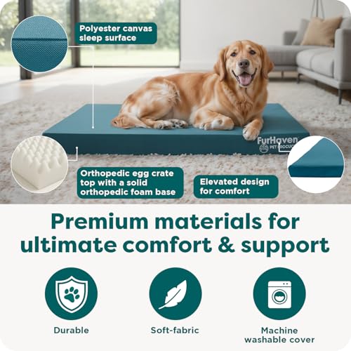 Image of Furhaven Water-Resistant Orthopedic Dog Bed for Large Dogs w / Removable Washable Cover, For Dogs Up to 95 lbs - Indoor /Outdoor Logo Print Oxford Polycanvas Mattress - Stone Gray, Jumbo /XL