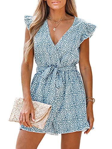 CUPSHE Damen Jumpsuit V-Ausschnitt Rüschen Strampler Leopard Flügelärmel Weites Bein Overall mit Gürtel Kurz Lose Hosenanzug Blau L CUPSHE Damen Jumpsuit V-Ausschnitt Rüschen Strampler Leopard Flügelärmel Weites Bein Overall mit Gürtel Kurz Lose Hosenanzug Blau L