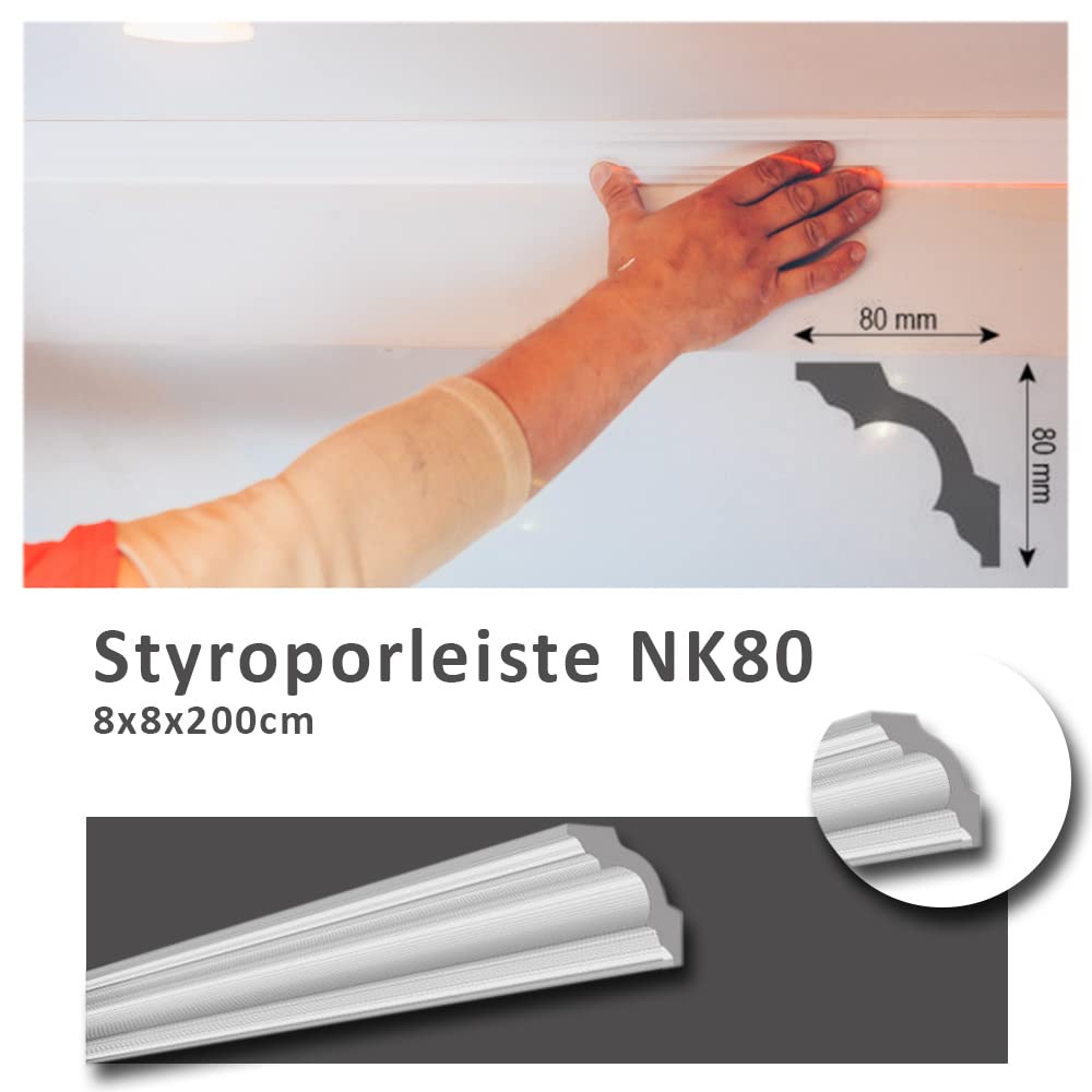 Molduras de techo de poliestireno XPS de 4 metros, 80 x 80 mm, color blanco, perfil decorativo de poliestireno NK80, paquete económico