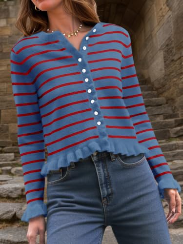 Image of Saodimallsu Womens Ruffle Cardigan Sweaters Button Up Crew Neck Long Sleeve Cropped Sweater Cute Soft Knit Tops