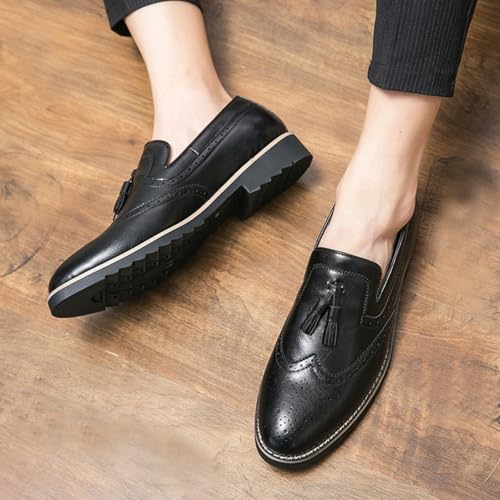 Mens Retro Brogue Leather Tassels Slip-On Dress Loafers Round Toe Non-Slip Low Top Casual Wingtip Shoes for Formal Business Wedding2