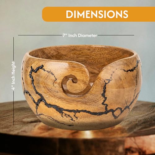Image of Mangowood Yarn Bowl for Crocheting, Large 7x4 inch Cute Crochet Wooden Yarn Holder & Knitting Gadgets Supplies, Gifts for crocheters Handmade Bowl with Fractal Burning & Black Resin Inlay (M-Black)
