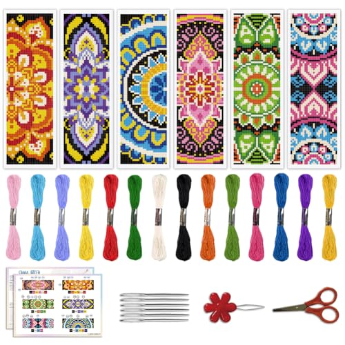 Image of ACRNIGHEET 6PCS Cross Stitch Bookmark Kit for Beginner Mandala Stamped Cross Stitch Kits for Adults DIY Embroidery Bookmark Kits Crossstitch Kits Adult with Instructions Hand Craft Gift 11CT
