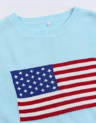 Image of Womens American Flag Sweater Long Sleeve Crew Neck Knitted Casual Pullover Sweater (Blue-1, Small)
