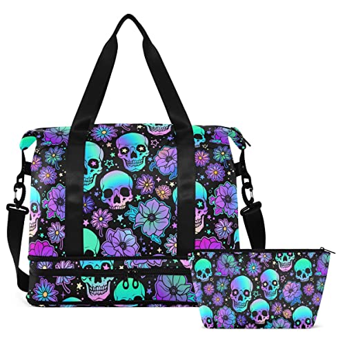 Travel Duffel Tote Bag Funny Skulls Sports Duffel Bag with Wet Pocket Weekender Overnight Bag for Women Men Gym Bag, Carry On Bag Hospital Bag for Labor and Delivery