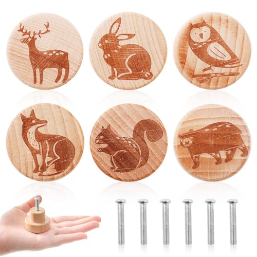 KWJEIULSOQ 6 Stück Schrankknöpfe für Schrank Kinderzimmer, 35mm Runde Schrankknöpfe mit Schrauben, Niedliches Tiermuster Schubladenknopf Möbelknöpfe für Kinderzimmer Möbel