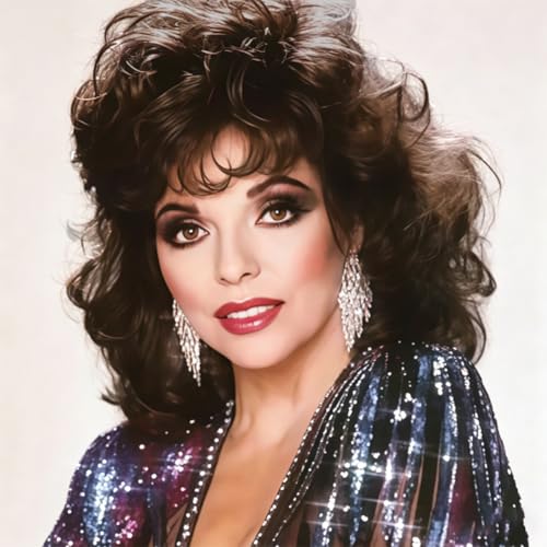 Amnenl Brown Curly Wig for Women 80s Vintage Wig with Bangs Shoulder Length Natural Fluffy Synthetic Fiber Wig for Cosplay Daily Party Use