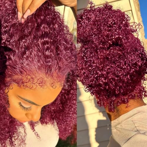 Thusiae 360 Deep Wave Lace Front Wigs Human Hair Burgundy Wig Human Hair Invisible Strap Pre Plucked Hidden Strap Pre Cut Lace Deep Wave HD Lace Frontal Wig with Drawstring 360 Glueless Wigs(24inch)