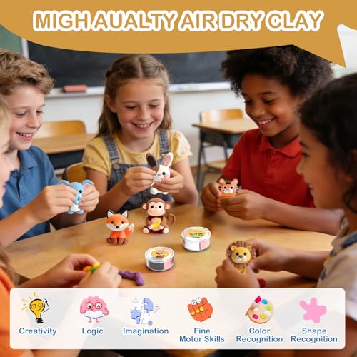 Air Dry Clay Kit - 12 Animal Modeling Clay for Kids, Complete DIY Clay Craft Set with Sculpting Tools & Step-by-Step Tutorials, Ultra Soft & Non-Sticky Clay, Children\'s Day Gift Ideas