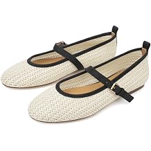 Woven Ballet Flats for Women Raffia Mary Jane Shoes Mesh Rouned Toe Dressy Ballet Flat with Adjustable Buckle Strap Summer Comfortable Slip On Casual Shoes