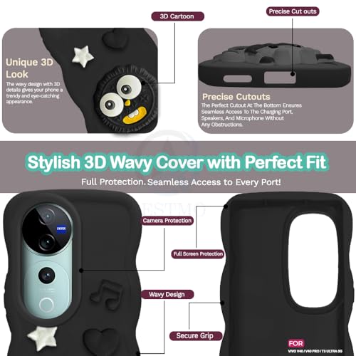 Image of AESTMO Back Case Cover for Vivo V40 / V40 Pro / T3 Ultra 5G | 3D Cute Fun Cartoon Characters | Anti Slip Grip Cute Wave Curly Frame Shape | Full Body Protection Back Cover (Black)