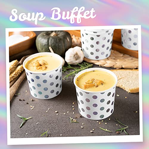 MATICAN Paper Ice Cream Cups, 50-Count 11-Oz Disposable Dessert Bowls for Hot or Cold Food, 11-Ounce Party Supplies Treat Cups for Sundae, Frozen Yogurt, Soup, Silver Foil Polka Dots