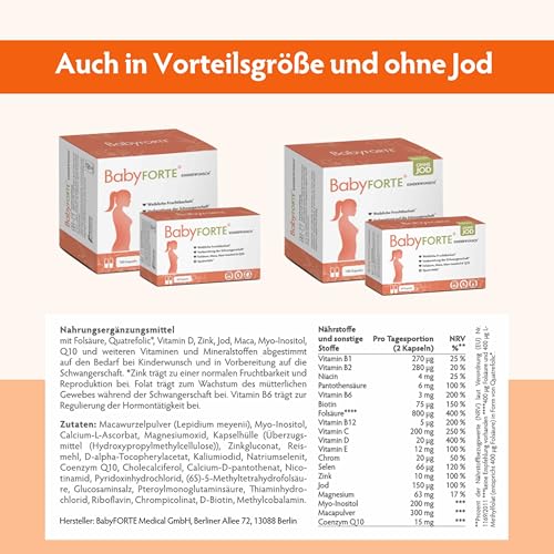 BabyFORTE Kinderwunsch Tabletten | vegan | Folsäure 800 μg, Quatrefolic, Maca, Inositol, Jod | 60 Kapseln | Schwangerschaftsvitamine