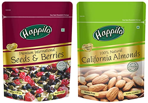 Image of Happilo 100% Natural Premium Californian Almonds,Dried,200g & Premium International Whole Seeds & Berries Pouch, 200 g