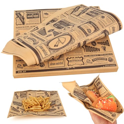 100 Blätter Backpapier Zeitungsoptik Käsepapier Hamburgerpapier Hamburger Papier Deli Fettdichte Papierblätter für Burger Buns Burger Pommes Butterbrot Käse Fingerfood Zubehör(25x25cm)