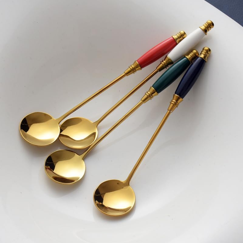 Silverware Flatware Set, 1/4/6/8/10/12 Pieces Creative Stainless Steel Long Handle Stirring Spoon Household Afternoon Tea Drink Stirring Honey Spoon Dessert Coffee Spoon(Green Gold,12 Piece