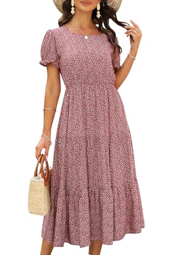 Image of NAVINS Womens Floral Print Modest Wedding Guest Midi Dress with Pockets | Puff sleeve tiered boho dress for summer, church, and vacations. Elastic waist, Below knee, hand or machine wash.