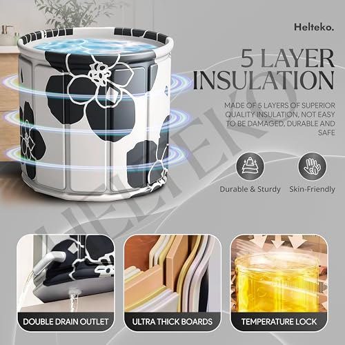 Image of Helteko Bath Tub for Adult for Bathroom, Foldable Tub for Home Use with Drainage Hole, Thickened Insulated Ice Bath Tub, Inflatable BathTub for Adults, Ice BathTub for Adults (Black-White)