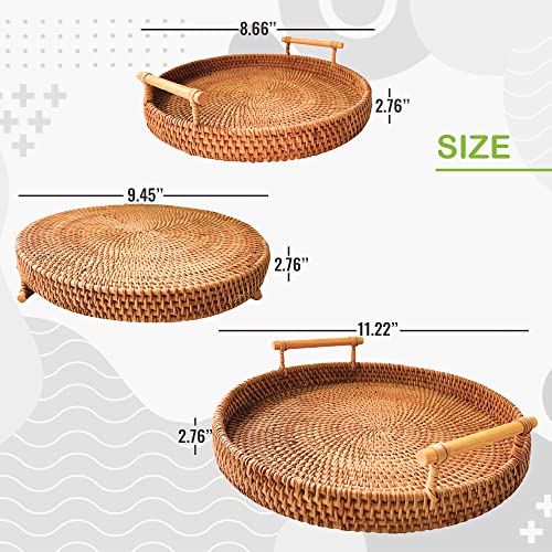 T'furni Set Of 3 Rattan Hand-Woven Wicker Trays | Round Serving Basket - Serving Tray With Handles For Bread Fruit Vegetables, Restaurant Serving & Tabletop Display Baskets #TOP1