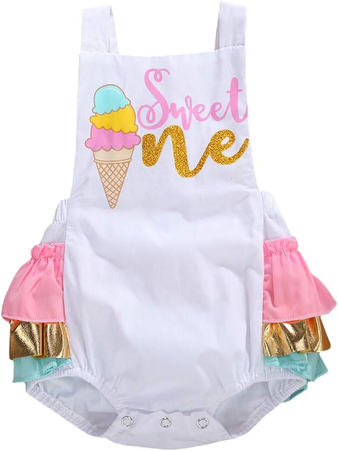 KMBANGICute Baby Girl First Birthday Outfit Halter Romper Ice Cream Cake Smash Bodysuit Sunsuit