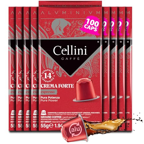 Café Cellini Cápsulas de aluminio compatibles con Nespresso* – Aluminium crema fuerte, 100 unidades | Café con aroma intenso de cacao amargo y especias