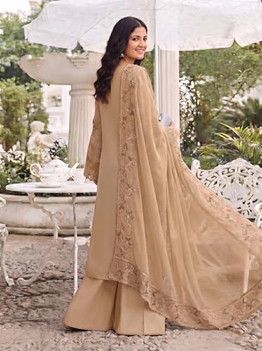 Image of RUDRAPRAYAG Women's Georgette Fabric Wih Embroidered Sequence Work And On Neck Moti Hand Work Semi Stitched Sharara Salwar Suit With Dupatta Set