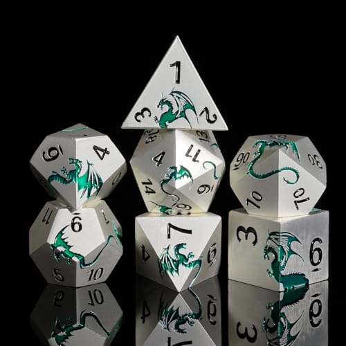 HNCCESG Metal DND Dice Set,Blue Dragon Heavy Metal Dice Set D&D,Dungeons and Dragon TTRPG Role Playing Table Games(Sliver Green Dragon)