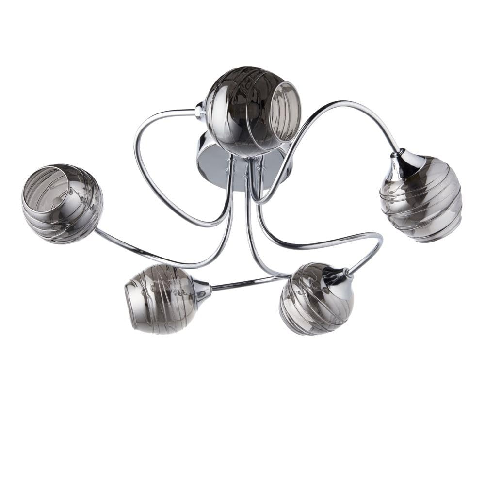 firstchoicelighting Modern 5 Arm Flush Ceiling Light Fitting Ideal for Low Ceiling, Polished Chrome with Smoke Glass Shades, LED Compatible.