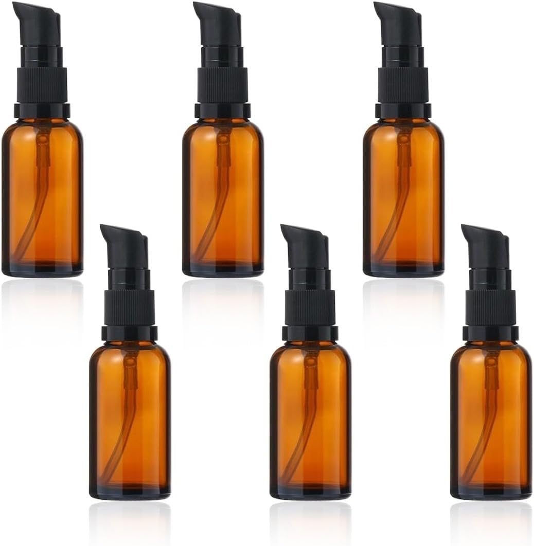 Pack of 6 30 ml Empty Glass Bottles Brown Amber Glass Lotion Bottles Lotion Dispenser Brown Glass Bottle with Pump Essential Oils Bottles Travel Bottles Cream Lotion Bottle Pump Bottle