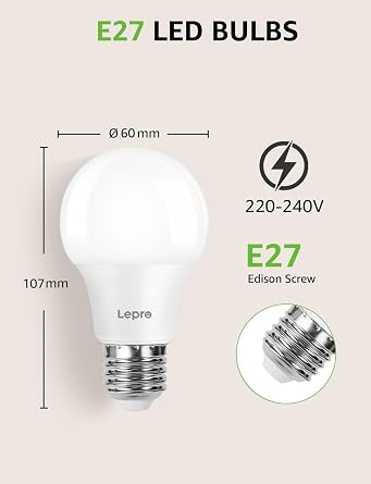 Lepro E27 Screw Bulbs 60W Equivalent, Warm White 2700K E27 LED Bulb, 8.5W 806lm Edison Screw ES LED Light Bulb, Energy Saving Light Bulbs for Lamp, Non-dimmable, Pack of 6 [Energy Class F]