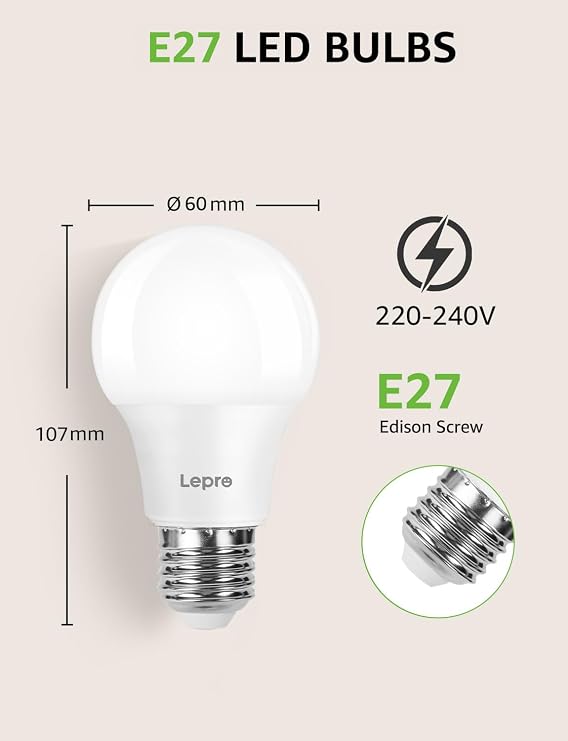 Lepro E27 Screw Bulbs 60W Equivalent, Warm White 2700K E27 LED Bulb, 8.5W 806lm Edison Screw ES LED Light Bulb, Energy Saving Light Bulbs for Lamp, Non-dimmable, Pack of 6 [Energy Class F]