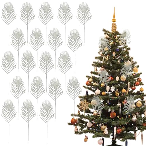 20PCS Silver Glitter Christmas Tree Ornamental Artificial Peacock Feather Decor - Premium Artificial Realistic Peacock Plumes with Bendable Stem for Christmas Tree, Wedding Centerpieces Decorations