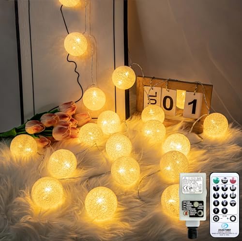 Guirlande Lumineuse Boule Coton, 6M 20 lumières LED Éclairage, Ø 6CM 8 modes Interieur Decoration,pour Chambre, Rideau, Fête, Noë,...