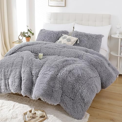 Smoofy Fluffy Queen Comforter Set, Faux Fur Comforter Set Queen Size, Luxury Fuzzy Bedding Set, Soft Shaggy Bed Set for All Season, 3 Pieces - 1 Comforter & 2 Pillowcases, Grey