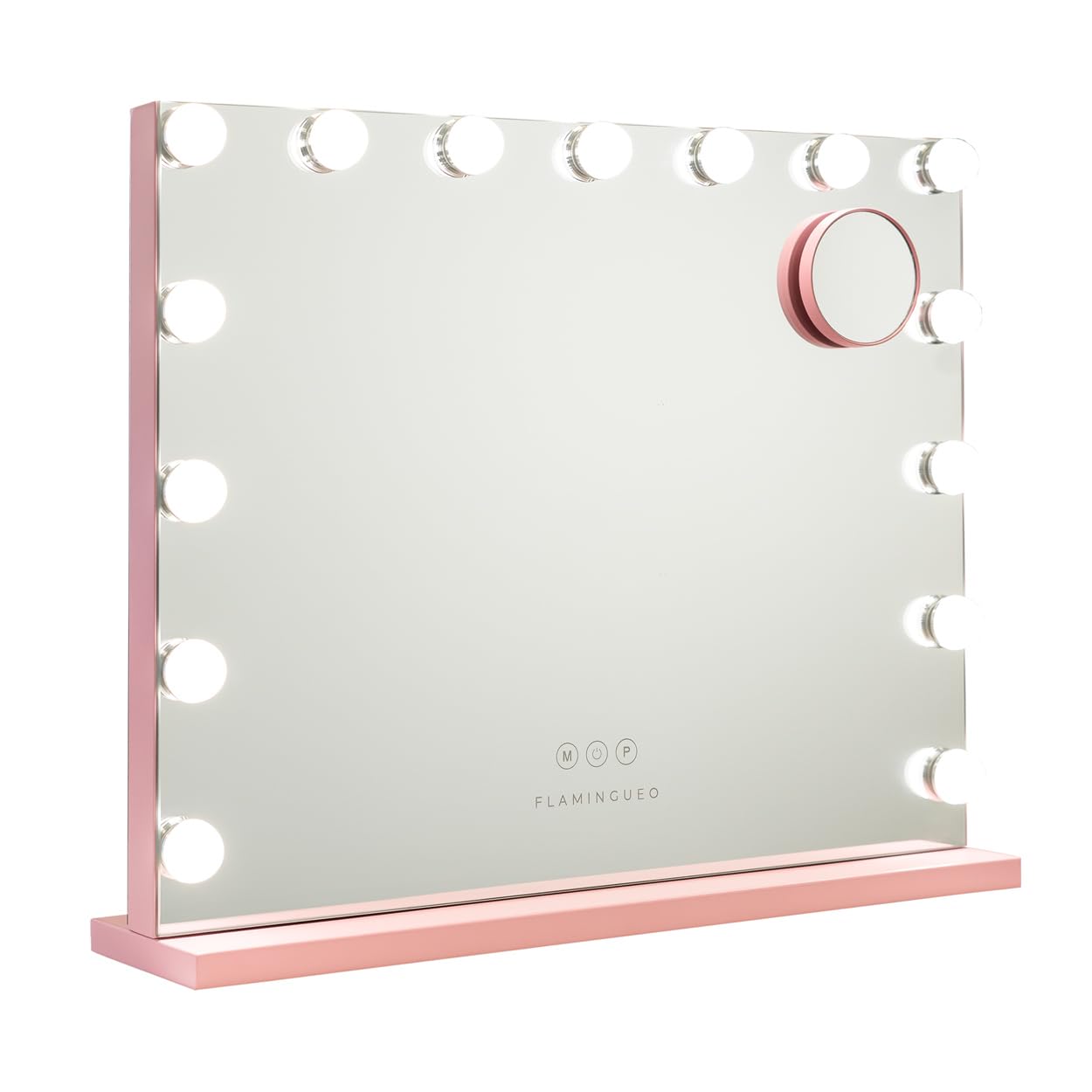Flamingueo Makeup Mirror with Light – Mirror with Lights 15 LEDs, Makeup Vanity with Light 3 Modes, USB Port, Magnifying Mirror, Vanity Mirror, Pink