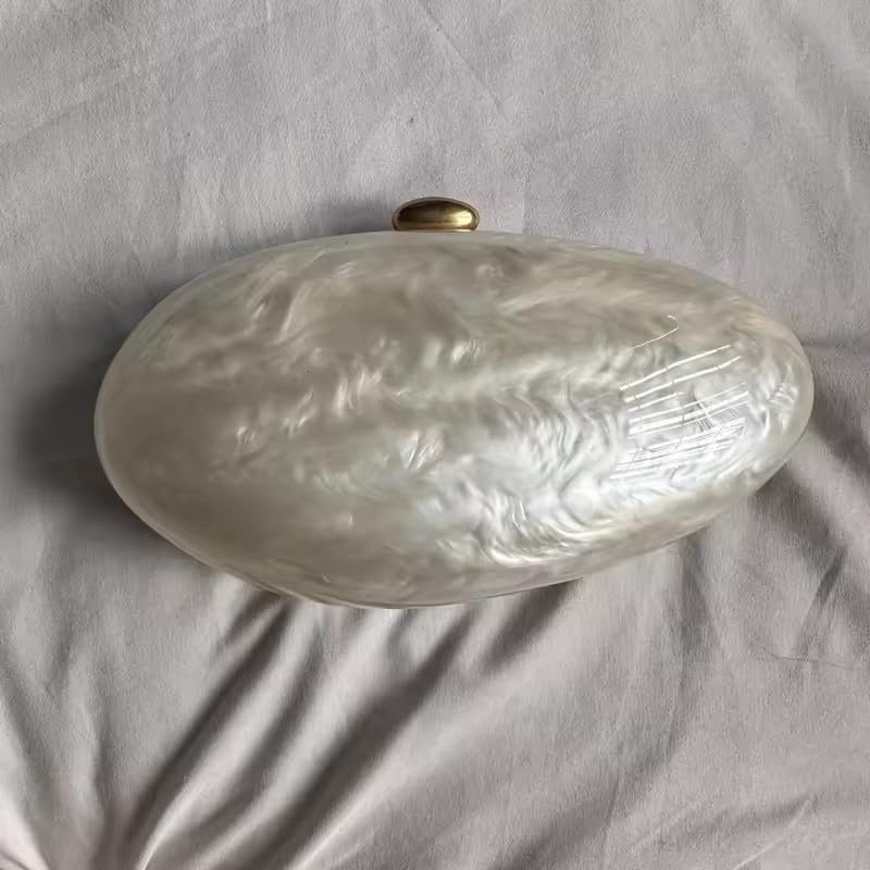 Image of Oval Acrylic Evening Clutch Bag, Ivory White Pearl Effect Shell Shaped Purse, Formal Wedding Prom Party Handbag for Women