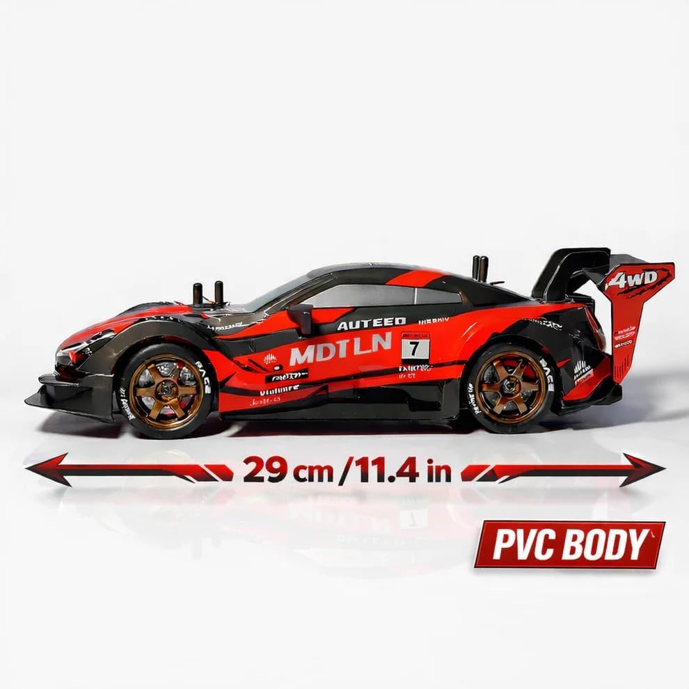 Image of Royal Cellar RC Drift Car 1:24 Scale 4WD | 20KM /H High-Speed Remote Control Car with LED Lights | 2.4GHz Rechargeable Drift Racing Car with Extra Tires & Cones | Gift Boys & Girls (GTR)