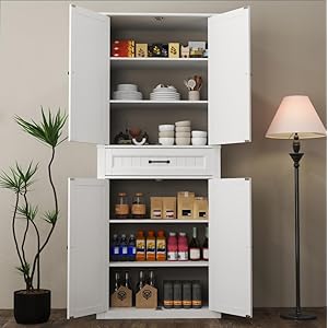 Gizoon 71” Kitchen Pantry Storage Cabinet, Freestanding Pantry Organizers and Storage Cabinet with 4 Doors and 4 Adjustable Shelves, Tall Cabinet with Large Drawer for Kitchen, Living Room, Bathroom